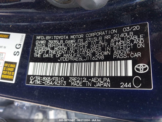 Toyota COROLLA LE 2020 JTDEPRAE6LJ116298 Image 9
