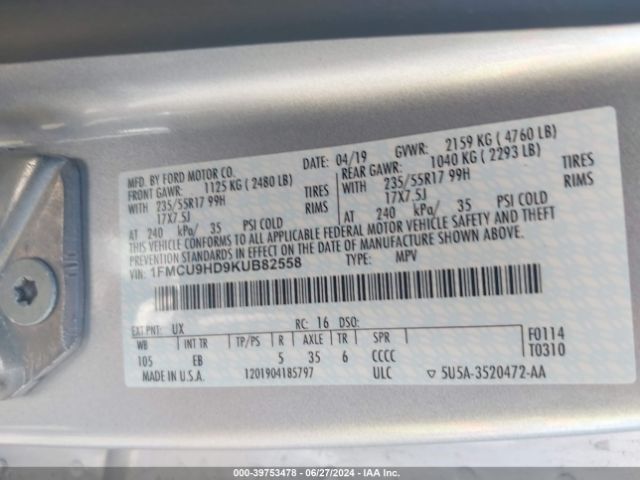 1FMCU9HD9KUB82558 Ford ESCAPE SEL