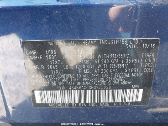 4S4BSACCXH3275038 Subaru Outback 2.5i Premium