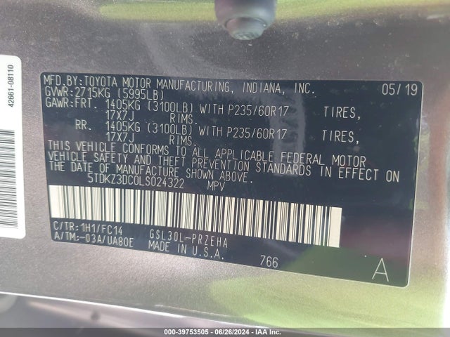 Toyota SIENNA LE 2020 5TDKZ3DC0LS024322 Image 9
