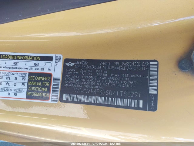 2007 MINI COOPER WMWMF33507TT50291 Photo 8