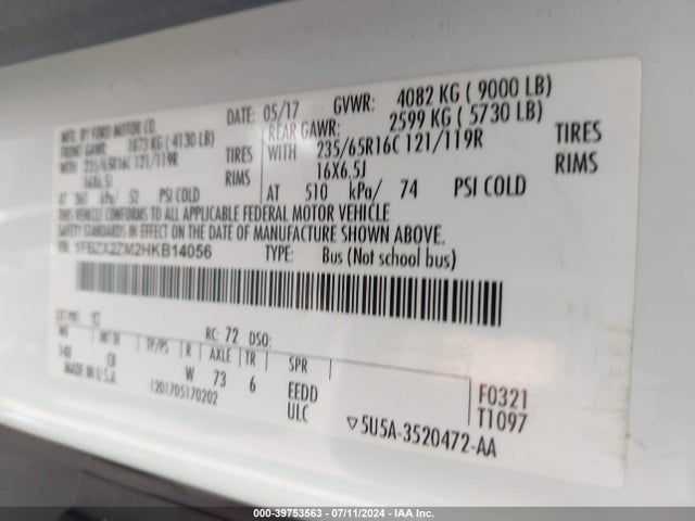 1FBZX2ZM2HKB14056 Ford Transit-350 Xlt