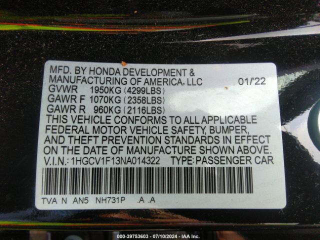 1HGCV1F13NA014322 Honda ACCORD LX