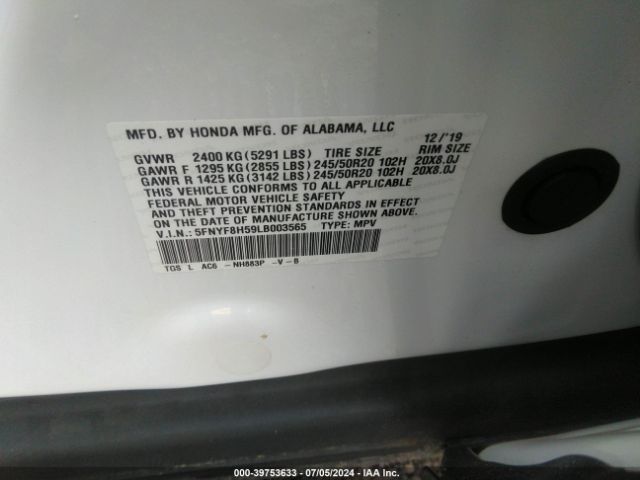 5FNYF8H59LB003565 Honda Passport Awd Ex-l