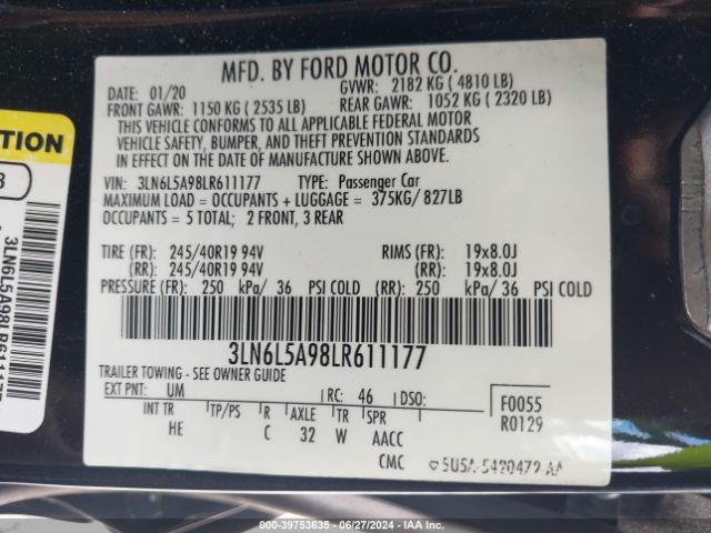 3LN6L5A98LR611177 Lincoln Mkz Standard