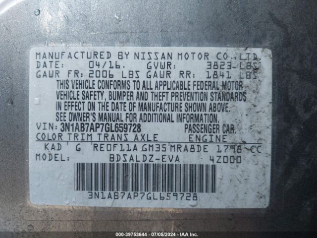 3N1AB7AP7GL659728 Nissan SENTRA SV
