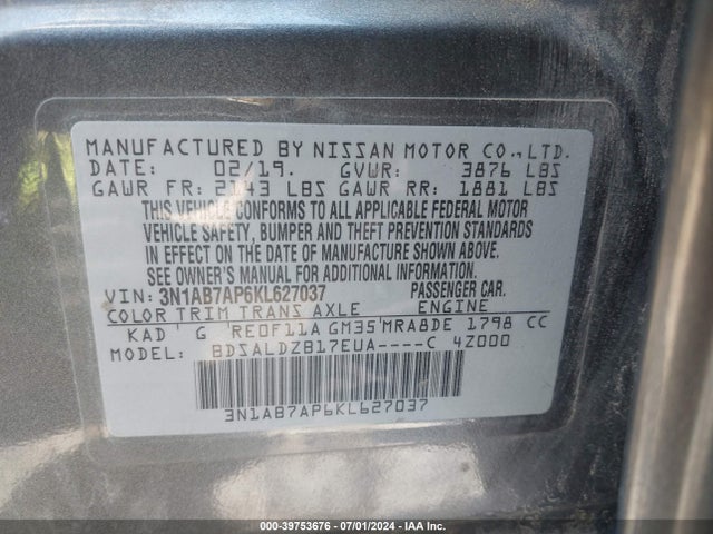 3N1AB7AP6KL627037 Nissan SENTRA SV