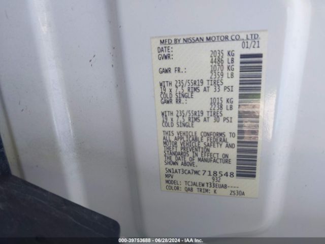 5N1AT3CA7MC718548 Nissan Rogue Sl Fwd