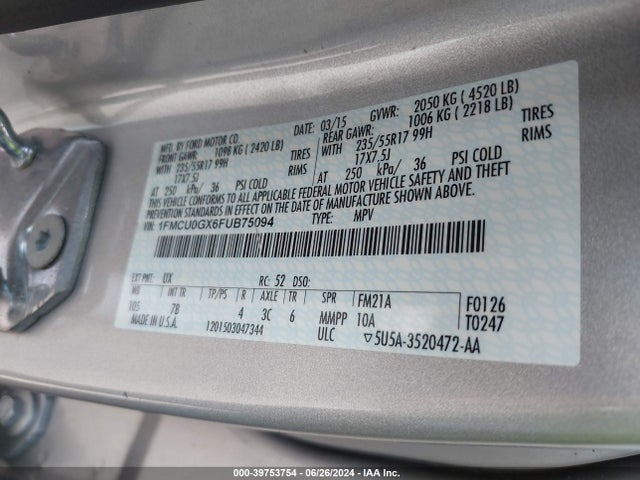Ford ESCAPE SE 2015 1FMCU0GX6FUB75094 Image 9