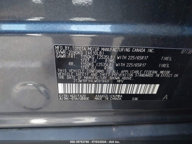 Toyota Rav4 Xle 2020 2T3W1RFV4LW091840 Image 9