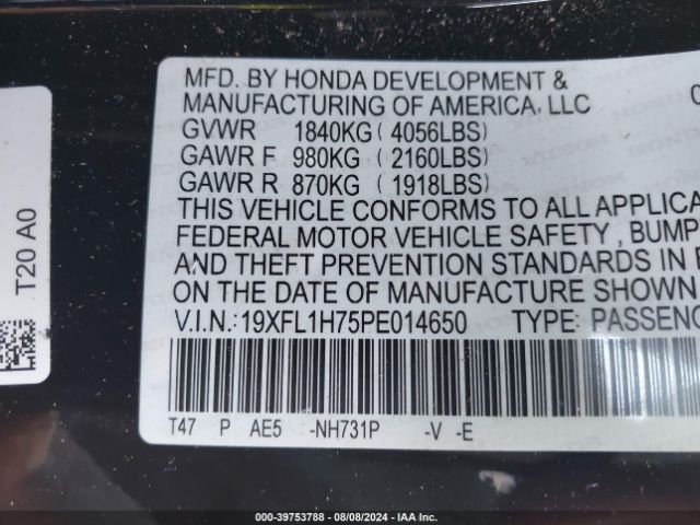19XFL1H75PE014650 Honda Civic Ex-l /ex-l W/o Bsi