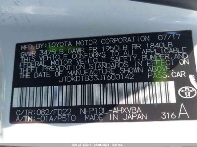 JTDKDTB33J1600142 Toyota Prius C One