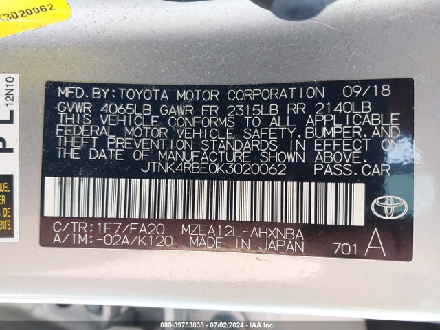 JTNK4RBE0K3020062 Toyota COROLLA SE