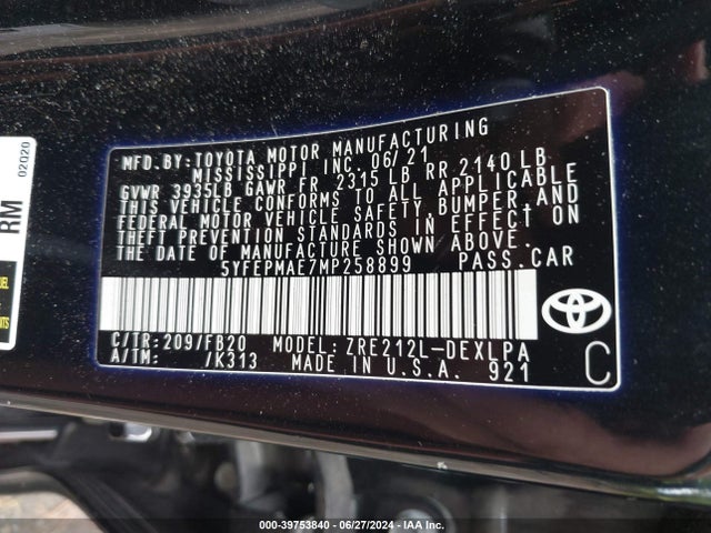 Toyota COROLLA LE 2021 5YFEPMAE7MP258899 Image 9