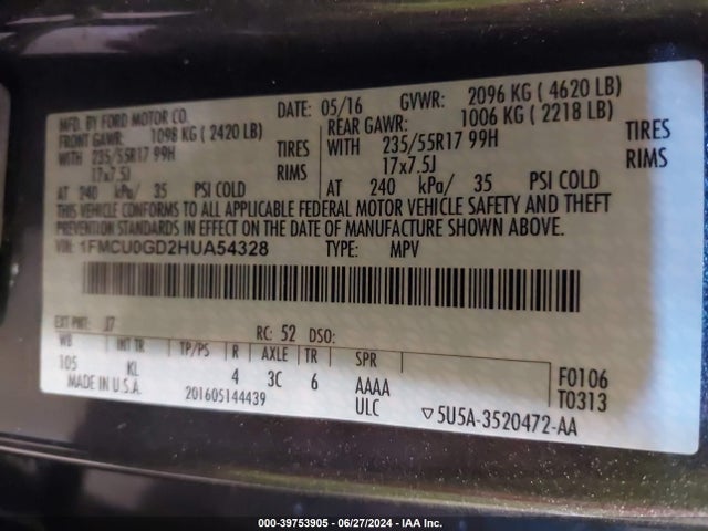 Ford ESCAPE SE 2017 1FMCU0GD2HUA54328 Image 9