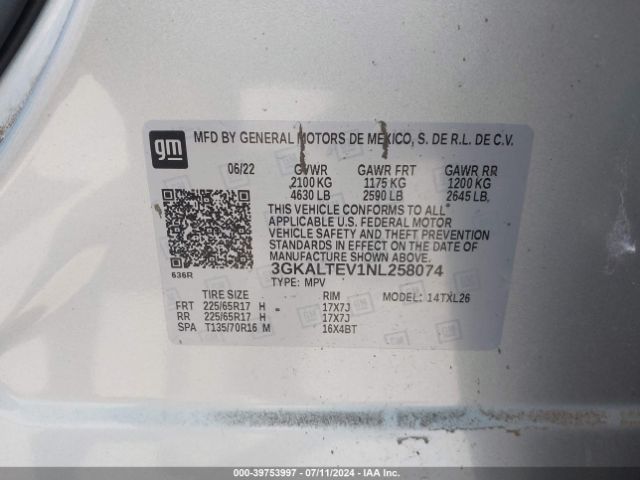 3GKALTEV1NL258074 GMC Terrain Awd Sle