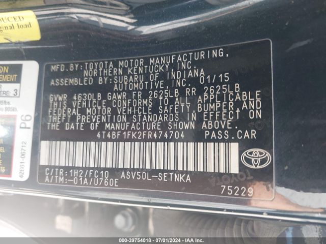 4T4BF1FK2FR474704 Toyota CAMRY LE