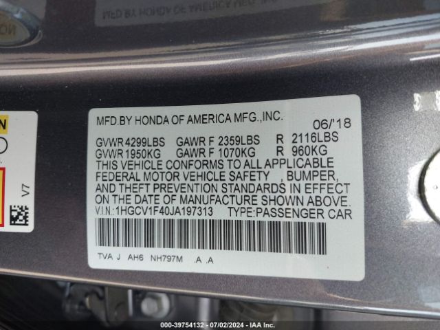 1HGCV1F40JA197313 Honda ACCORD EX