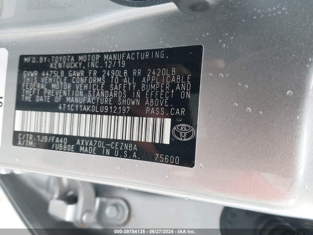 Toyota CAMRY LE 2020 4T1C11AK0LU912197 Image 9