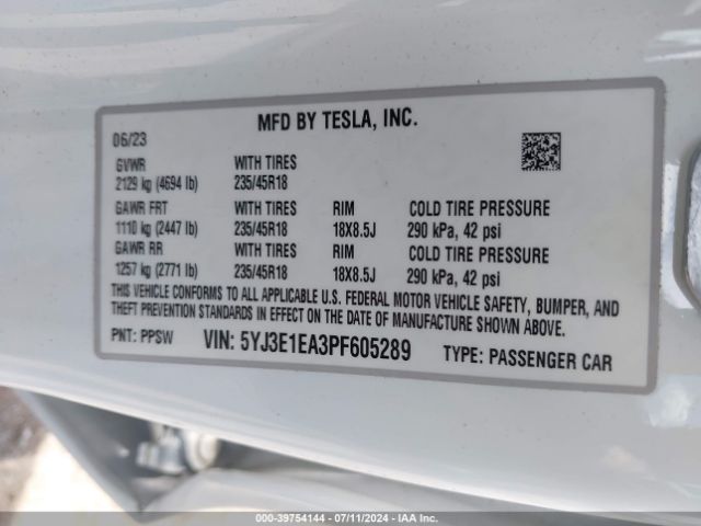5YJ3E1EA3PF605289 Tesla Model 3 Rear-wheel Drive