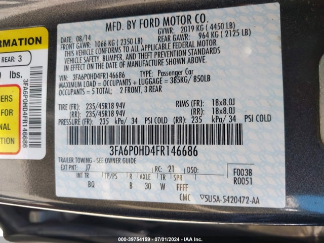 Ford FUSION SE 2015 3FA6P0HD4FR146686 Image 9