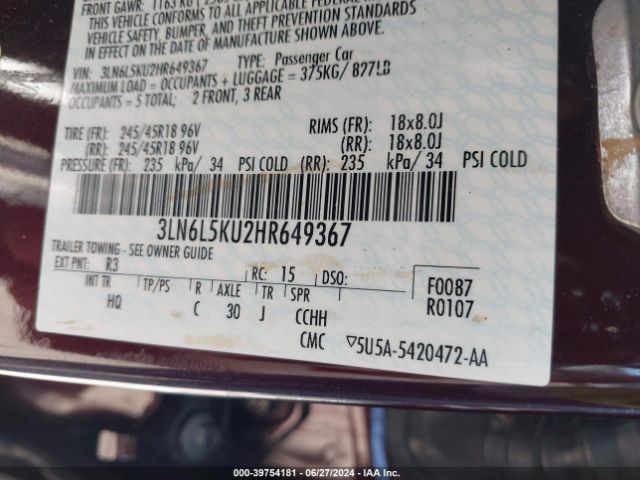 3LN6L5KU2HR649367 Lincoln Mkz Hybrid Premiere