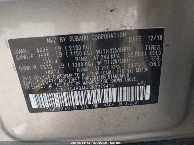 4S4BSANC3K3279419 Subaru Outback 2.5i Limited