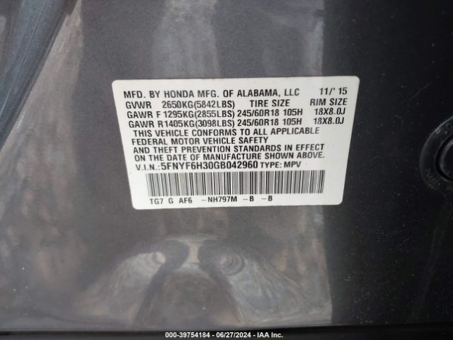 5FNYF6H30GB042960 Honda Pilot Ex