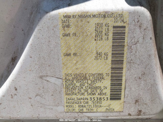 Nissan Altima 2.5 Sl 2015 1N4AL3AP4FN353853 Image 9