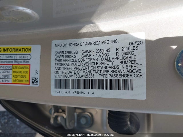 Honda Accord Ex-l 2020 1HGCV1F53LA128885 Image 9