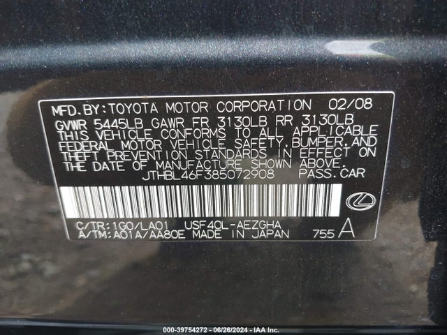 Aukcja sprzedaży 2008 Lexus Ls 460, vin: JTHBL46F385072908, numer aukcji: 39754272