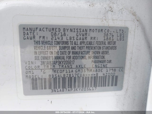 Nissan SENTRA S 2019 3N1AB7AP3KY205617 Image 9