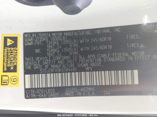 5TDJZRFH3KS584485 Toyota Highlander Xle
