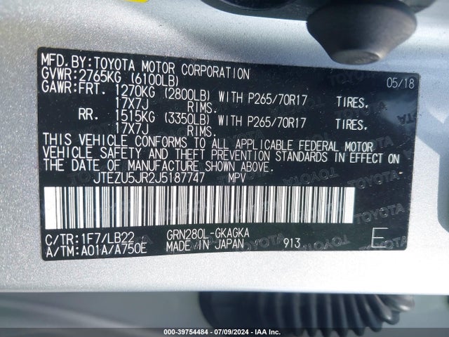 Toyota 4runner Sr5 Premium 2018 JTEZU5JR2J5187747 Image 9