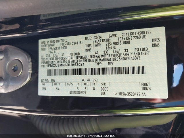 1FMCU9MN6RUA63021 Ford Escape St-line