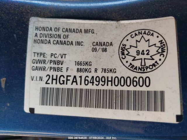 2009 HONDA CIVIC SDN 2HGFA16499H000600 Photo 8