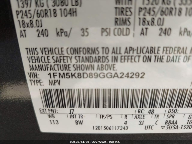 Ford EXPLORER XLT 2016 1FM5K8D89GGA24292 Image 9