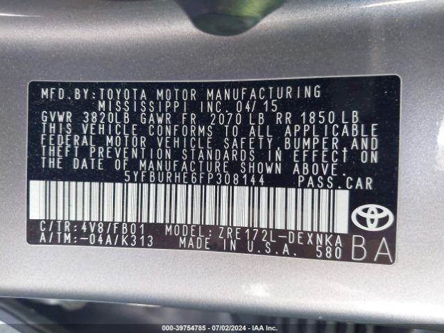 5YFBURHE6FP308144 Toyota Corolla Le Plus
