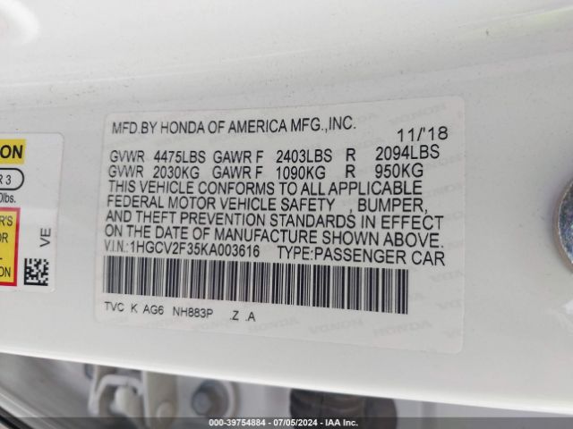 1HGCV2F35KA003616 Honda Accord Sport 2.0t