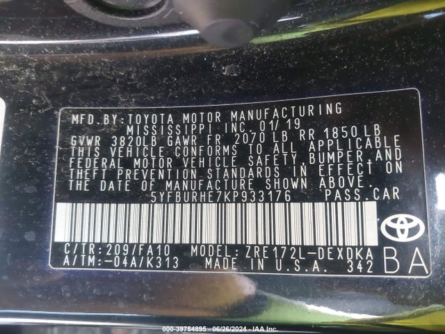 Toyota COROLLA L 2019 5YFBURHE7KP933176 Image 9