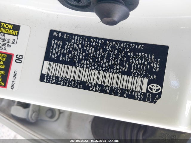 Toyota COROLLA LE 2019 5YFBURHE1KP915885 Image 9