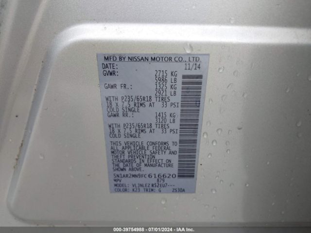 5N1AR2MN9FC616620 Nissan Pathfinder Platinum/s/sl/sv