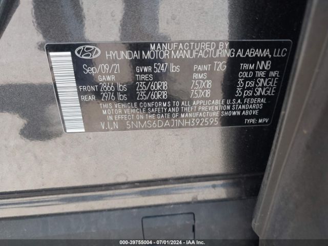 5NMS6DAJ1NH392595 Hyundai Santa Fe Xrt