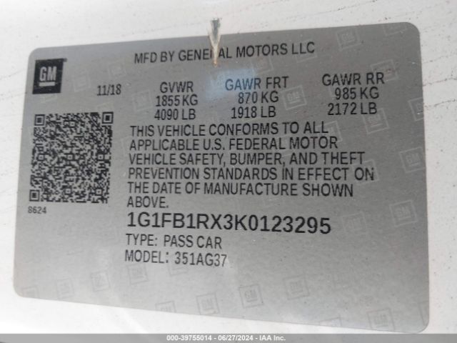 1G1FB1RX3K0123295 Chevrolet Camaro 1lt