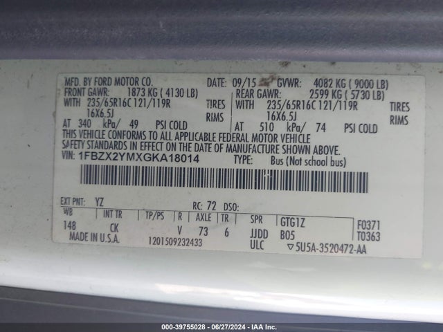 Ford Transit-350 Xlt 2016 1FBZX2YMXGKA18014 Image 9