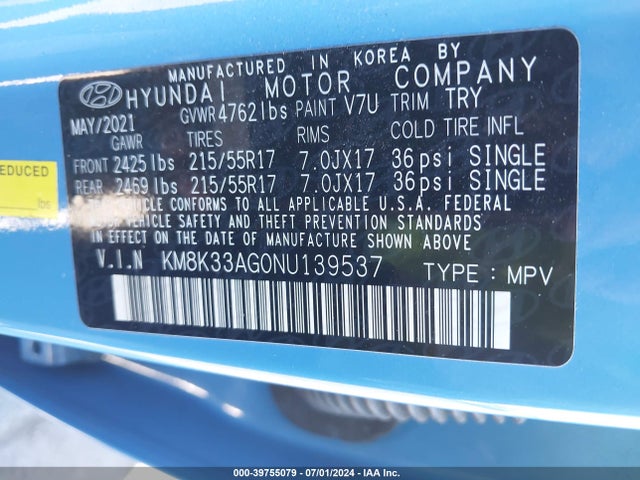 KM8K33AG0NU139537 Hyundai Kona Electric Sel