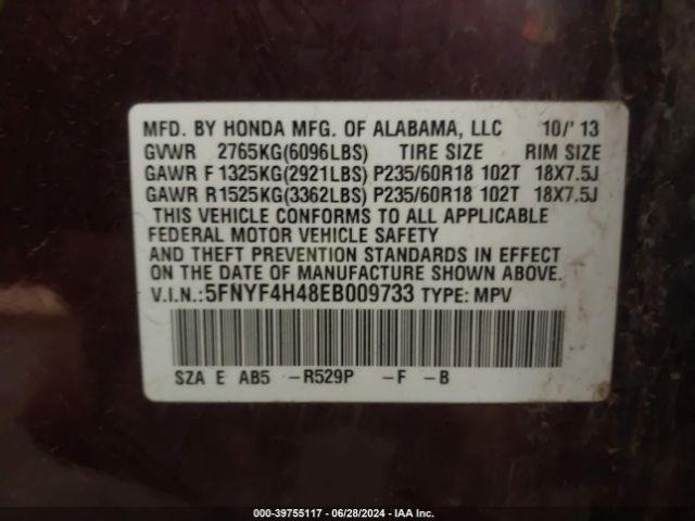 5FNYF4H48EB009733 Honda Pilot Ex