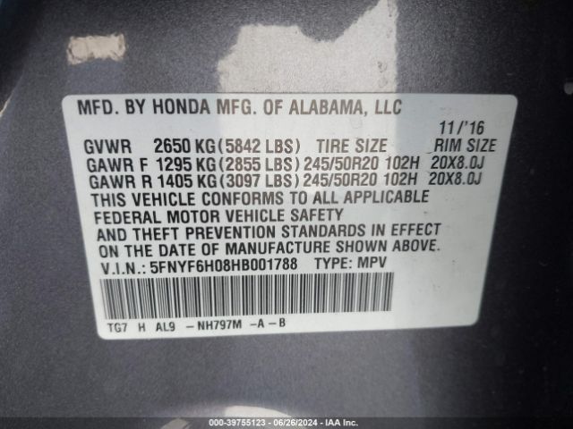 5FNYF6H08HB001788 Honda Pilot Elite