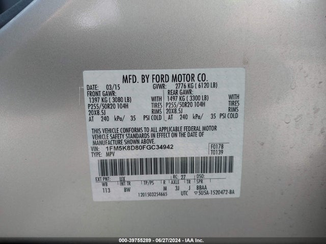 Ford EXPLORER XLT 2015 1FM5K8D80FGC34942 Image 9