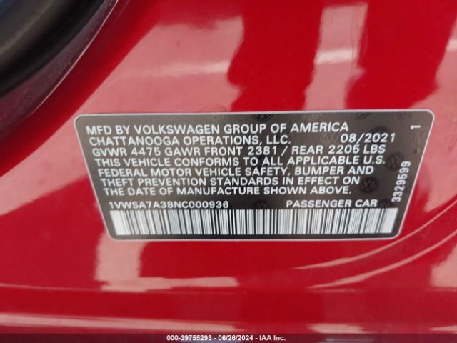 1VWSA7A38NC000936 Volkswagen Passat 2.0t Se